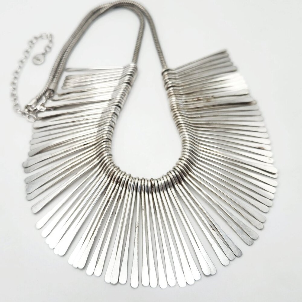 Stella & Dot Brushed Silver Tone Fringe Statement Collar Necklace